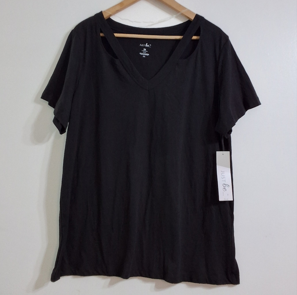 Women's Plus Size Cut Out V Neck Black Short Sleeve T-Shirt, Size 3X , NWT
